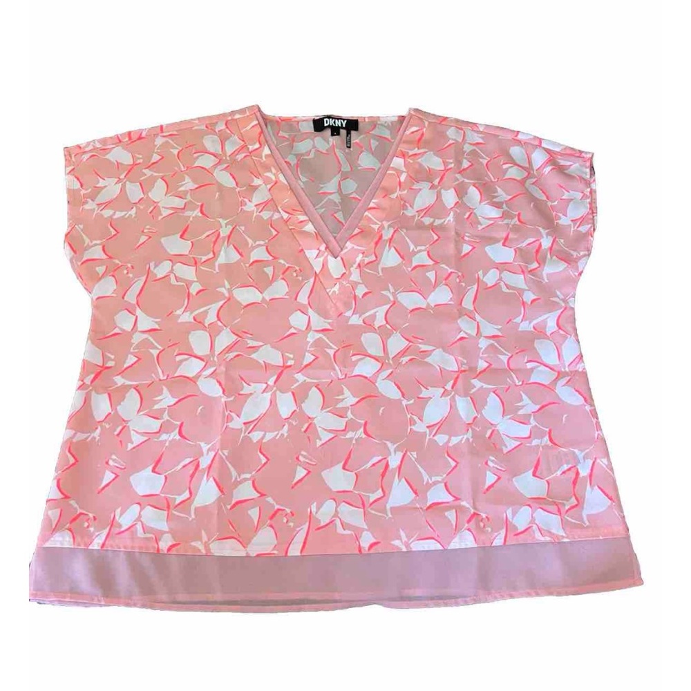 DKNY Womens Pink Sheer Layer Detail Printed Short Sleeve V Neck Top Large
